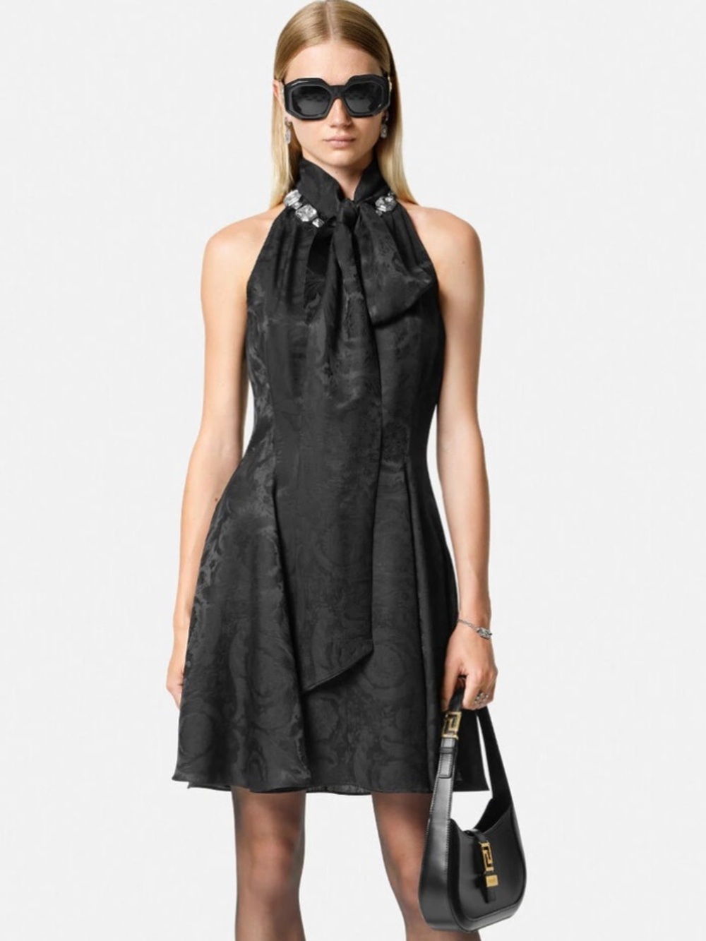 Versace Black Barocco Jacquard Halter Mini Dress
